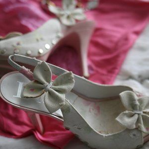 Dior wht denim flower & studded clog slingback